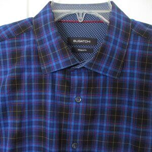 Bugatchi Mens L/S Blue Cotton Plaid Casual Shirt NWOT - Large Shaped Fit